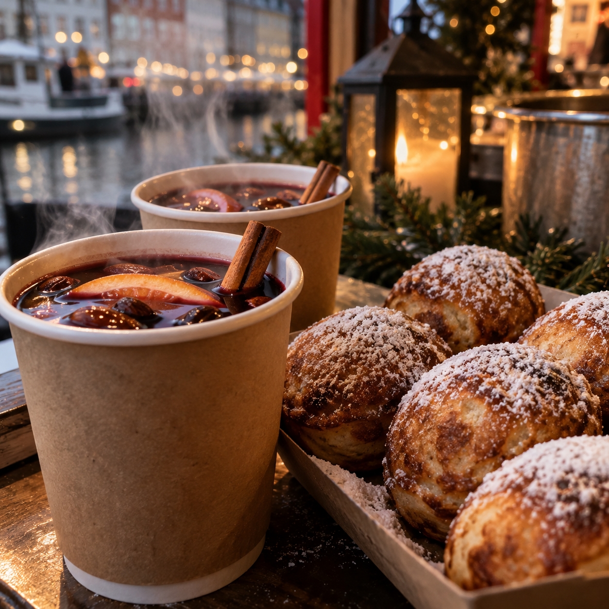 Hot mulled wine and fresh æbleskiver by the canal